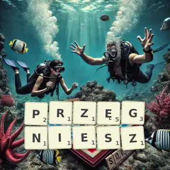 Kreatywna ilustracja do gry w Scrabble ze słowem PRZĘGNIESZ ułożonym z płytek na planszy.