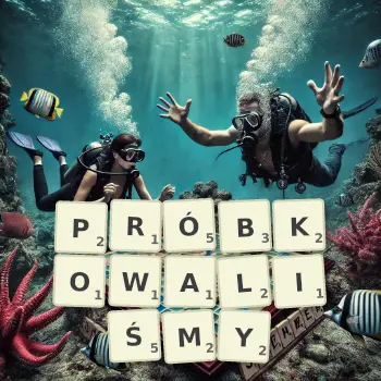 Kreatywna ilustracja do gry w Scrabble ze słowem PRÓBKOWALIŚMY ułożonym z płytek na planszy.
