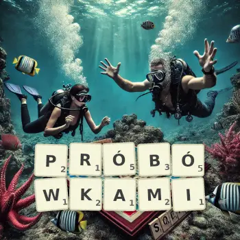 Kreatywna ilustracja do gry w Scrabble ze słowem PRÓBÓWKAMI ułożonym z płytek na planszy.
