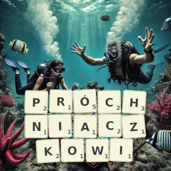 Kreatywna ilustracja do gry w Scrabble ze słowem PRÓCHNIACZKOWI ułożonym z płytek na planszy.