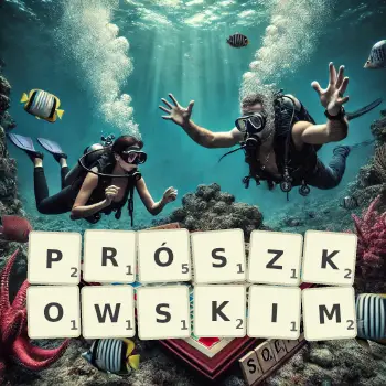 Kreatywna ilustracja do gry w Scrabble ze słowem PRÓSZKOWSKIM ułożonym z płytek na planszy.