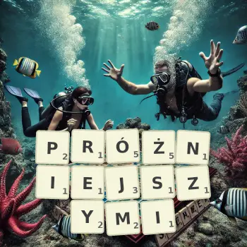 Kreatywna ilustracja do gry w Scrabble ze słowem PRÓŻNIEJSZYMI ułożonym z płytek na planszy.
