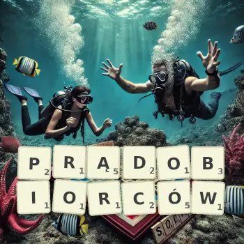 Kreatywna ilustracja do gry w Scrabble ze słowem PRĄDOBIORCÓW ułożonym z płytek na planszy.