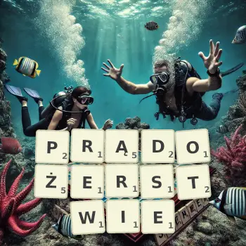 Kreatywna ilustracja do gry w Scrabble ze słowem PRĄDOŻERSTWIE ułożonym z płytek na planszy.