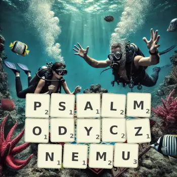 Kreatywna ilustracja do gry w Scrabble ze słowem PSALMODYCZNEMU ułożonym z płytek na planszy.
