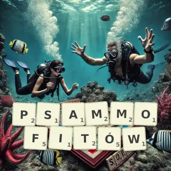 Kreatywna ilustracja do gry w Scrabble ze słowem PSAMMOFITÓW ułożonym z płytek na planszy.