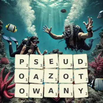 Kreatywna ilustracja do gry w Scrabble ze słowem PSEUDOAZOTOWANY ułożonym z płytek na planszy.