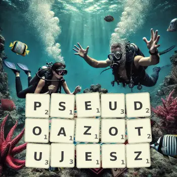 Kreatywna ilustracja do gry w Scrabble ze słowem PSEUDOAZOTUJESZ ułożonym z płytek na planszy.
