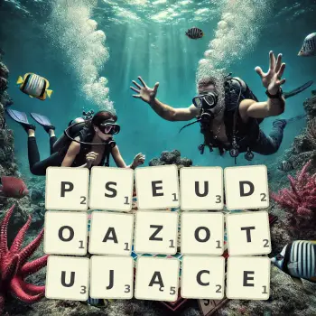 Kreatywna ilustracja do gry w Scrabble ze słowem PSEUDOAZOTUJĄCE ułożonym z płytek na planszy.