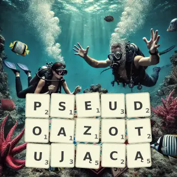 Kreatywna ilustracja do gry w Scrabble ze słowem PSEUDOAZOTUJĄCĄ ułożonym z płytek na planszy.