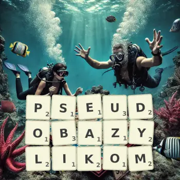 Kreatywna ilustracja do gry w Scrabble ze słowem PSEUDOBAZYLIKOM ułożonym z płytek na planszy.