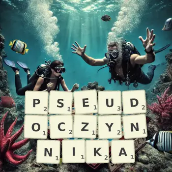 Kreatywna ilustracja do gry w Scrabble ze słowem PSEUDOCZYNNIKA ułożonym z płytek na planszy.