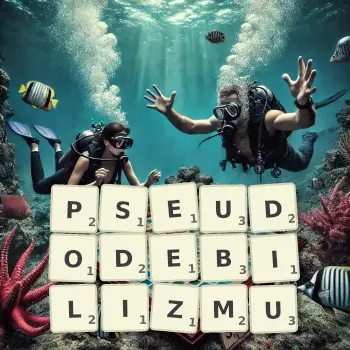 Kreatywna ilustracja do gry w Scrabble ze słowem PSEUDODEBILIZMU ułożonym z płytek na planszy.