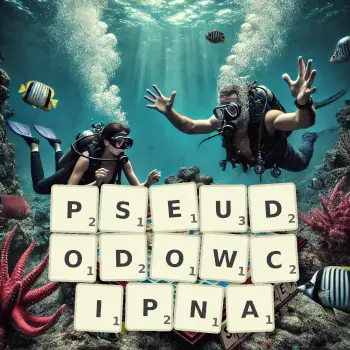 Kreatywna ilustracja do gry w Scrabble ze słowem PSEUDODOWCIPNA ułożonym z płytek na planszy.