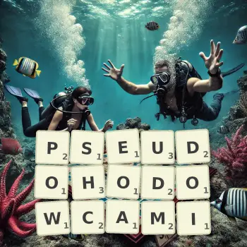 Kreatywna ilustracja do gry w Scrabble ze słowem PSEUDOHODOWCAMI ułożonym z płytek na planszy.