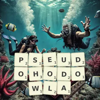 Kreatywna ilustracja do gry w Scrabble ze słowem PSEUDOHODOWLA ułożonym z płytek na planszy.