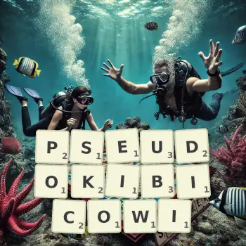 Kreatywna ilustracja do gry w Scrabble ze słowem PSEUDOKIBICOWI ułożonym z płytek na planszy.