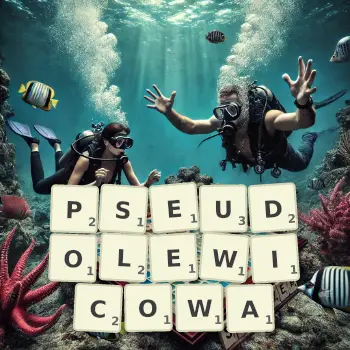 Kreatywna ilustracja do gry w Scrabble ze słowem PSEUDOLEWICOWA ułożonym z płytek na planszy.