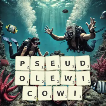 Kreatywna ilustracja do gry w Scrabble ze słowem PSEUDOLEWICOWI ułożonym z płytek na planszy.