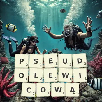Kreatywna ilustracja do gry w Scrabble ze słowem PSEUDOLEWICOWĄ ułożonym z płytek na planszy.