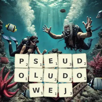 Kreatywna ilustracja do gry w Scrabble ze słowem PSEUDOLUDOWEJ ułożonym z płytek na planszy.