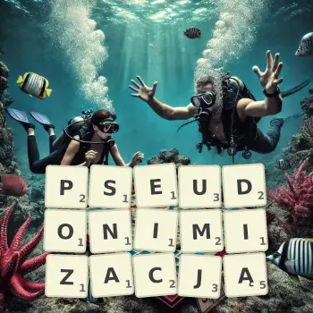 Kreatywna ilustracja do gry w Scrabble ze słowem PSEUDONIMIZACJĄ ułożonym z płytek na planszy.