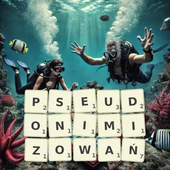 Kreatywna ilustracja do gry w Scrabble ze słowem PSEUDONIMIZOWAŃ ułożonym z płytek na planszy.