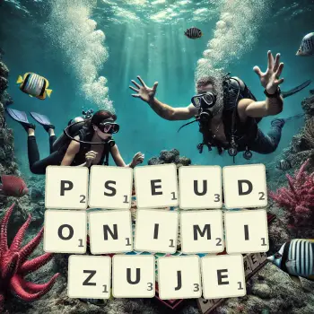 Kreatywna ilustracja do gry w Scrabble ze słowem PSEUDONIMIZUJE ułożonym z płytek na planszy.
