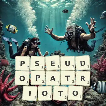 Kreatywna ilustracja do gry w Scrabble ze słowem PSEUDOPATRIOTO ułożonym z płytek na planszy.