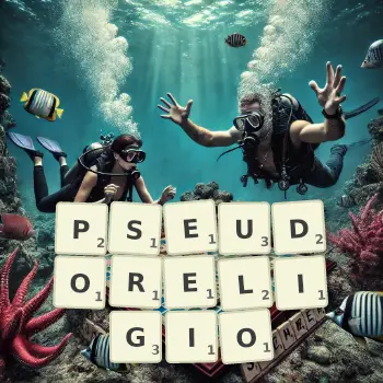 Kreatywna ilustracja do gry w Scrabble ze słowem PSEUDORELIGIO ułożonym z płytek na planszy.