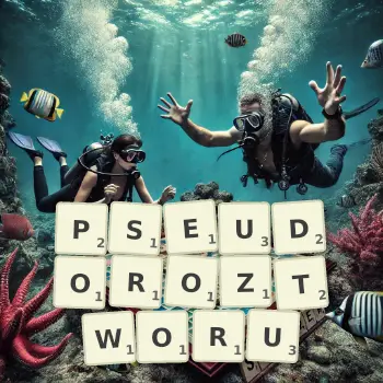 Kreatywna ilustracja do gry w Scrabble ze słowem PSEUDOROZTWORU ułożonym z płytek na planszy.