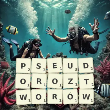 Kreatywna ilustracja do gry w Scrabble ze słowem PSEUDOROZTWORÓW ułożonym z płytek na planszy.