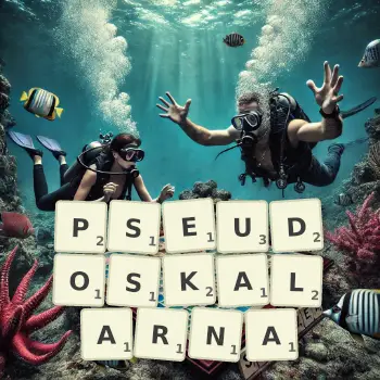 Kreatywna ilustracja do gry w Scrabble ze słowem PSEUDOSKALARNA ułożonym z płytek na planszy.