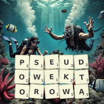 Kreatywna ilustracja do gry w Scrabble ze słowem PSEUDOWEKTOROWĄ ułożonym z płytek na planszy.