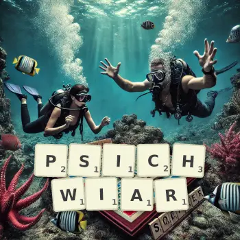 Kreatywna ilustracja do gry w Scrabble ze słowem PSICHWIAR ułożonym z płytek na planszy.