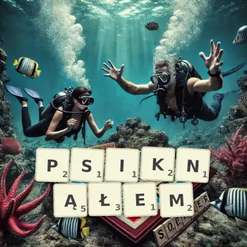 Kreatywna ilustracja do gry w Scrabble ze słowem PSIKNĄŁEM ułożonym z płytek na planszy.