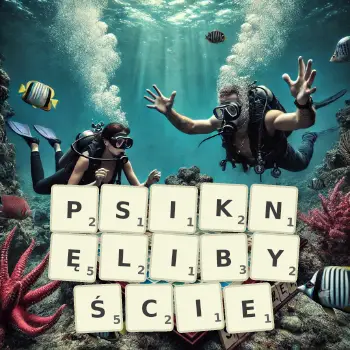 Kreatywna ilustracja do gry w Scrabble ze słowem PSIKNĘLIBYŚCIE ułożonym z płytek na planszy.