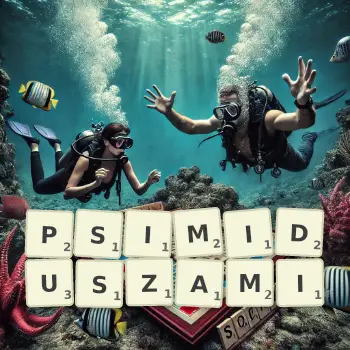 Kreatywna ilustracja do gry w Scrabble ze słowem PSIMIDUSZAMI ułożonym z płytek na planszy.
