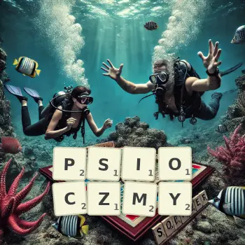 Kreatywna ilustracja do gry w Scrabble ze słowem PSIOCZMY ułożonym z płytek na planszy.