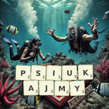 Kreatywna ilustracja do gry w Scrabble ze słowem PSIUKAJMY ułożonym z płytek na planszy.