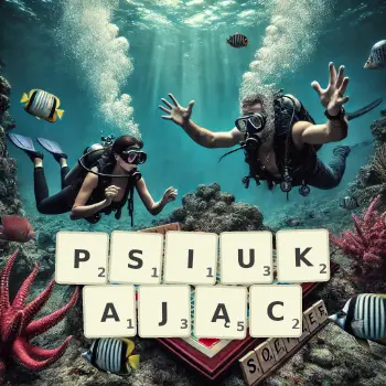 Kreatywna ilustracja do gry w Scrabble ze słowem PSIUKAJĄC ułożonym z płytek na planszy.