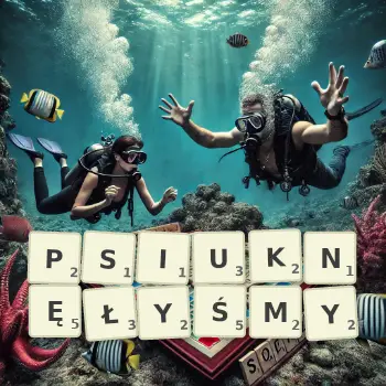 Kreatywna ilustracja do gry w Scrabble ze słowem PSIUKNĘŁYŚMY ułożonym z płytek na planszy.