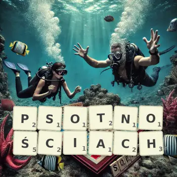 Kreatywna ilustracja do gry w Scrabble ze słowem PSOTNOŚCIACH ułożonym z płytek na planszy.