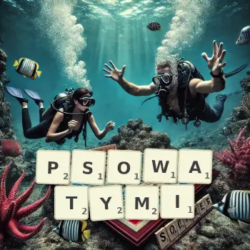 Kreatywna ilustracja do gry w Scrabble ze słowem PSOWATYMI ułożonym z płytek na planszy.