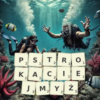 Kreatywna ilustracja do gry w Scrabble ze słowem PSTROKACIEJMYŻ ułożonym z płytek na planszy.