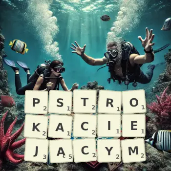 Kreatywna ilustracja do gry w Scrabble ze słowem PSTROKACIEJĄCYM ułożonym z płytek na planszy.
