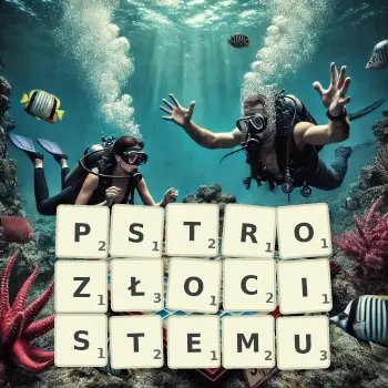 Kreatywna ilustracja do gry w Scrabble ze słowem PSTROZŁOCISTEMU ułożonym z płytek na planszy.