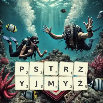 Kreatywna ilustracja do gry w Scrabble ze słowem PSTRZYJMYŻ ułożonym z płytek na planszy.