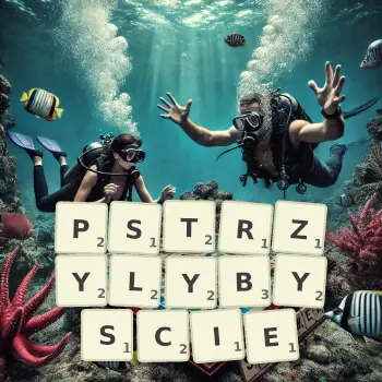 Kreatywna ilustracja do gry w Scrabble ze słowem PSTRZYLYBYSCIE ułożonym z płytek na planszy.