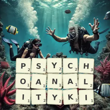 Kreatywna ilustracja do gry w Scrabble ze słowem PSYCHOANALITYKI ułożonym z płytek na planszy.